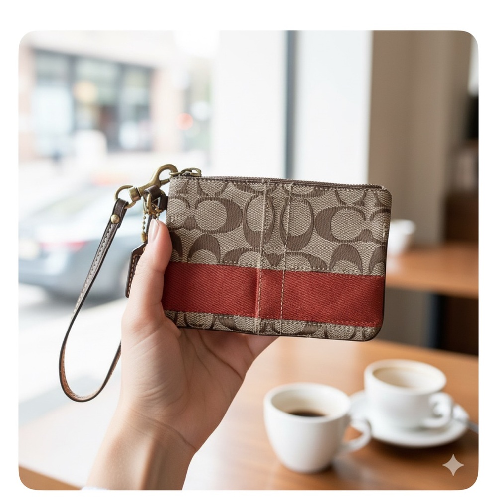 Coach Signature Jacquard Stripe Mini Skinny ID/Card Case Wristlet - Brown/Tan